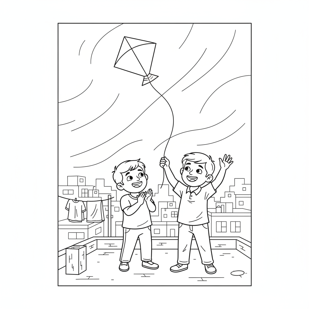 Line art of smiling Indian boys flying kites on a simple Indian home rooftop, suitable for coloring.