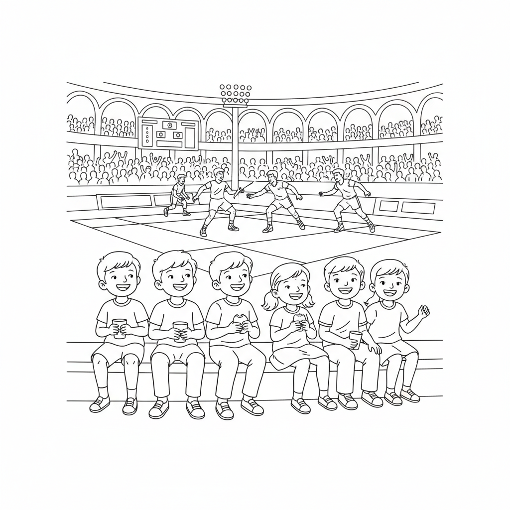 Line art of smiling Indian children happily enjoying the action at a Kabaddi National Championship.