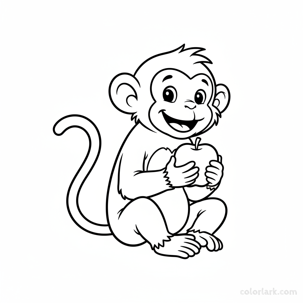 Black and white line art of a smiling monkey sitting and holding a simple fruit, ideal for easy coloring by toddlers.