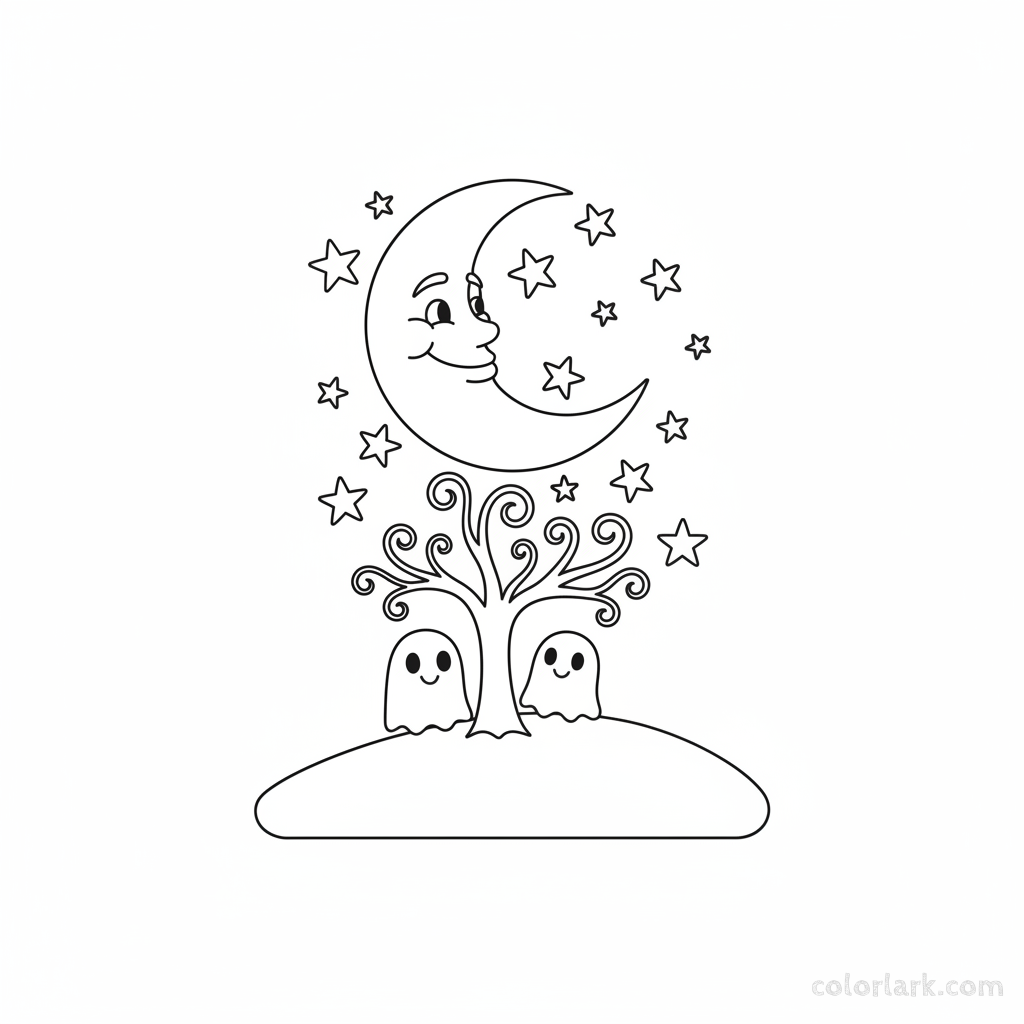 Black and white line art of a smiling moon, twinkling stars, and friendly ghosts on a gentle haunted hill, Halloween coloring page.