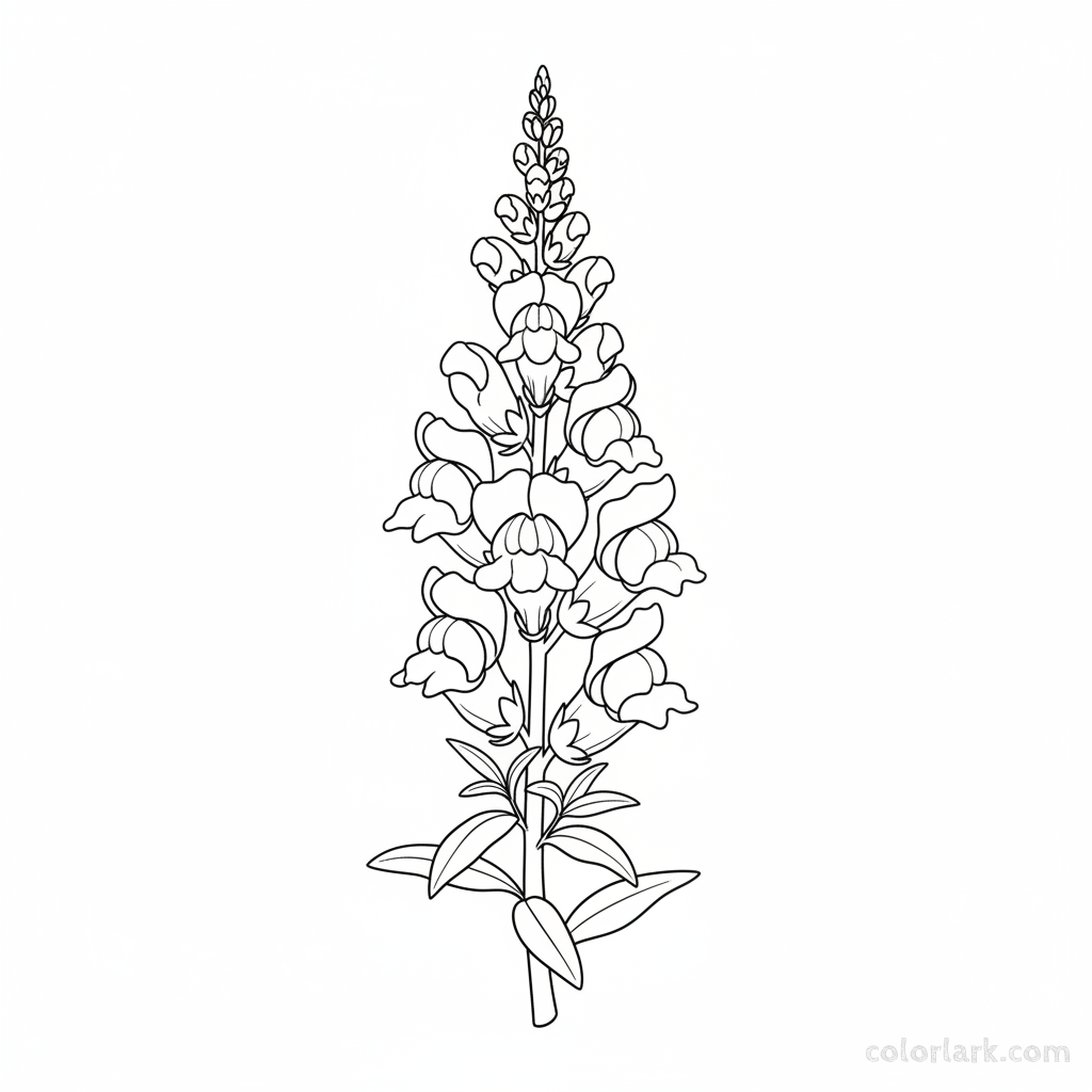 Black and white line art of a vertical snapdragon flower spike with several distinct blooms and pointed leaves.