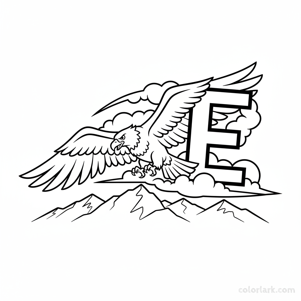 Black and white line art of a soaring eagle with the letter E in a mountain scene.