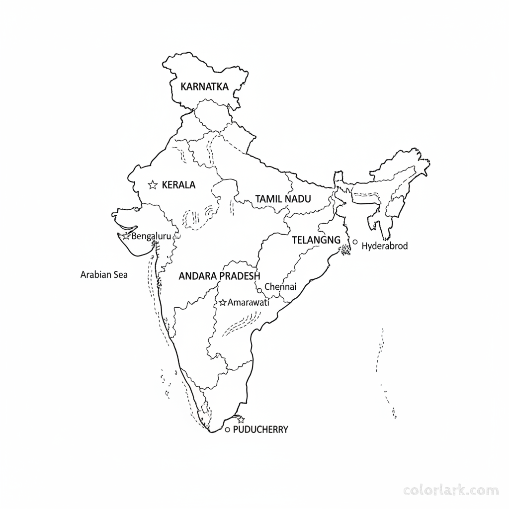 Line art coloring map of South Indian states including Karnataka, Kerala, Tamil Nadu, Andhra Pradesh, Telangana, and Puducherry.