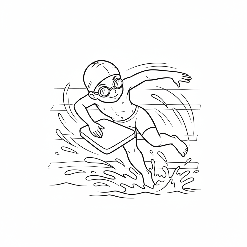 Black and white line art of a speedy child doing freestyle kickboard practice in a pool, wearing a swim cap and goggles.