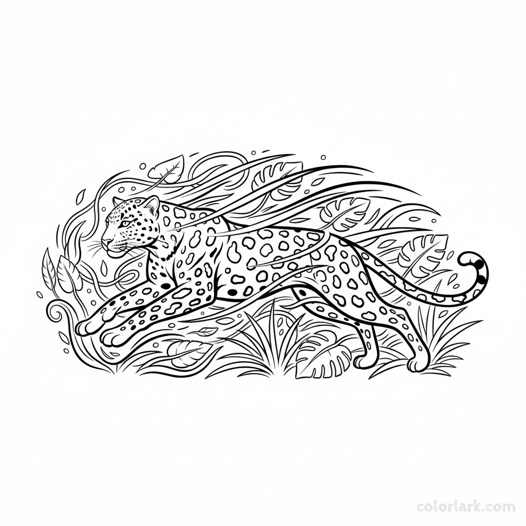 Speedy Indian Leopard running through undergrowth coloring page for kids.