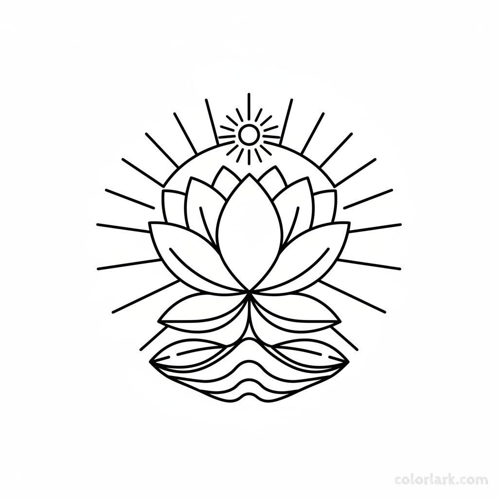 Black and white line art of a spiritual lotus flower symbolizing enlightenment and purity.