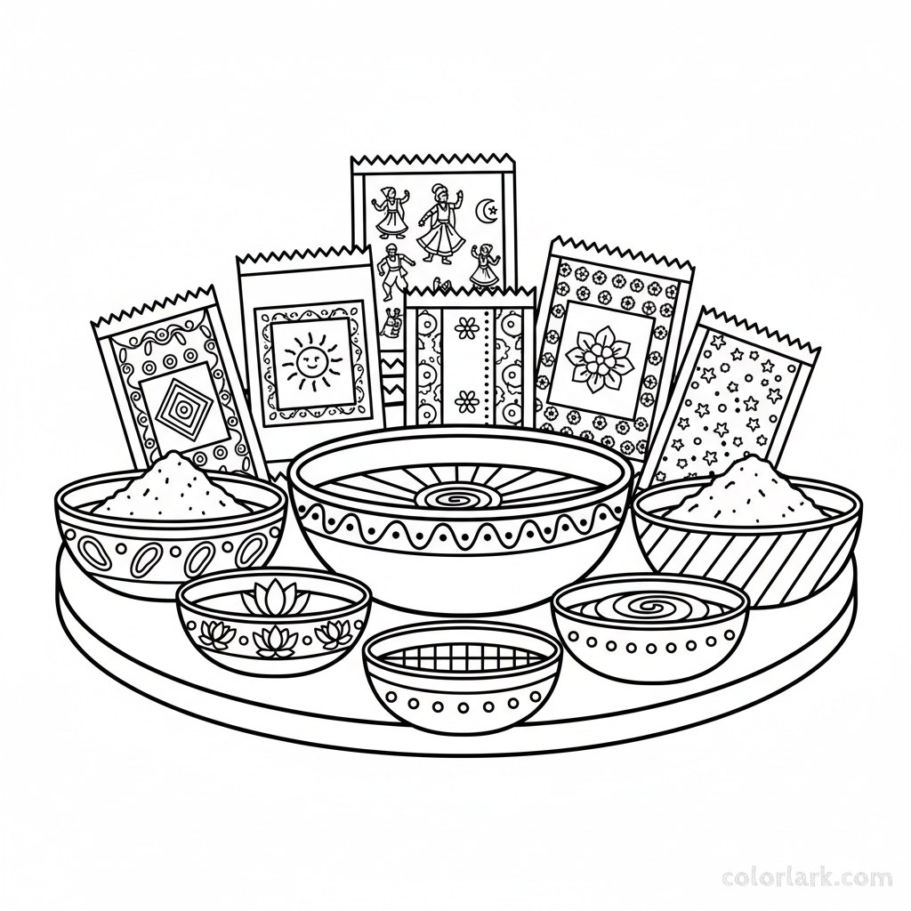 Coloring page of stacked Holi gulal packets and bowls.