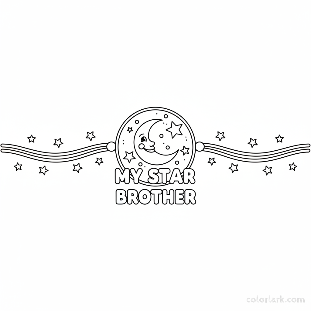 Black and white line art of a Star and Moon themed Rakhi with celestial elements, suitable for children's coloring.