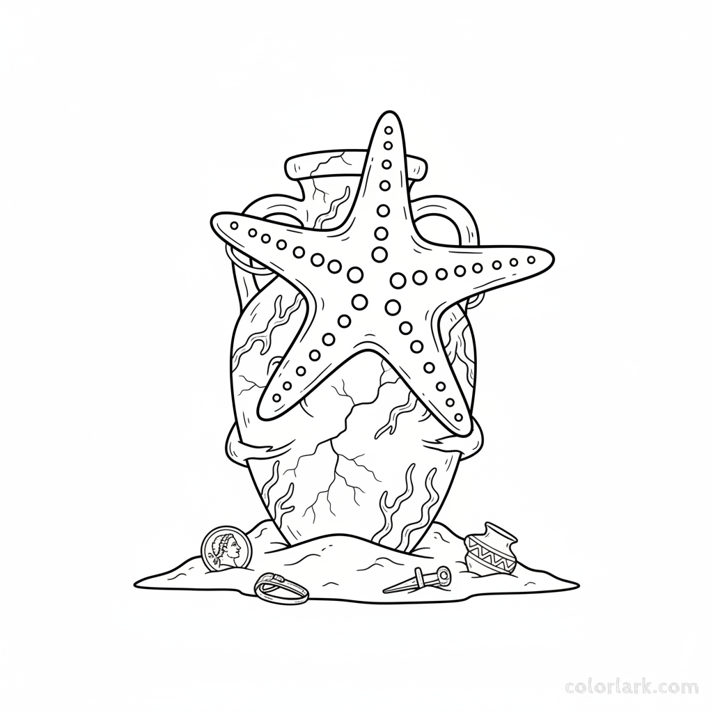 Black and white line art of a starfish climbing the textured surface of an ancient Roman amphora partially buried in sand.