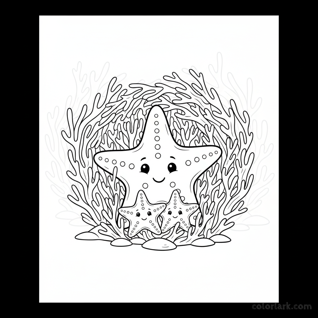 Black and white line art of a starfish family nestled together among delicate coral reef branches.