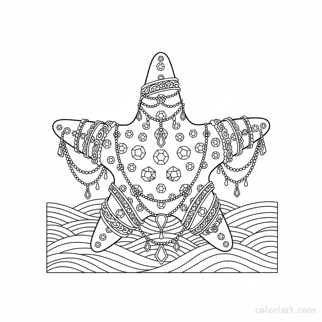 Black and white line art of a starfish adorned with intricate jewelry and gemstones on a textured seabed.