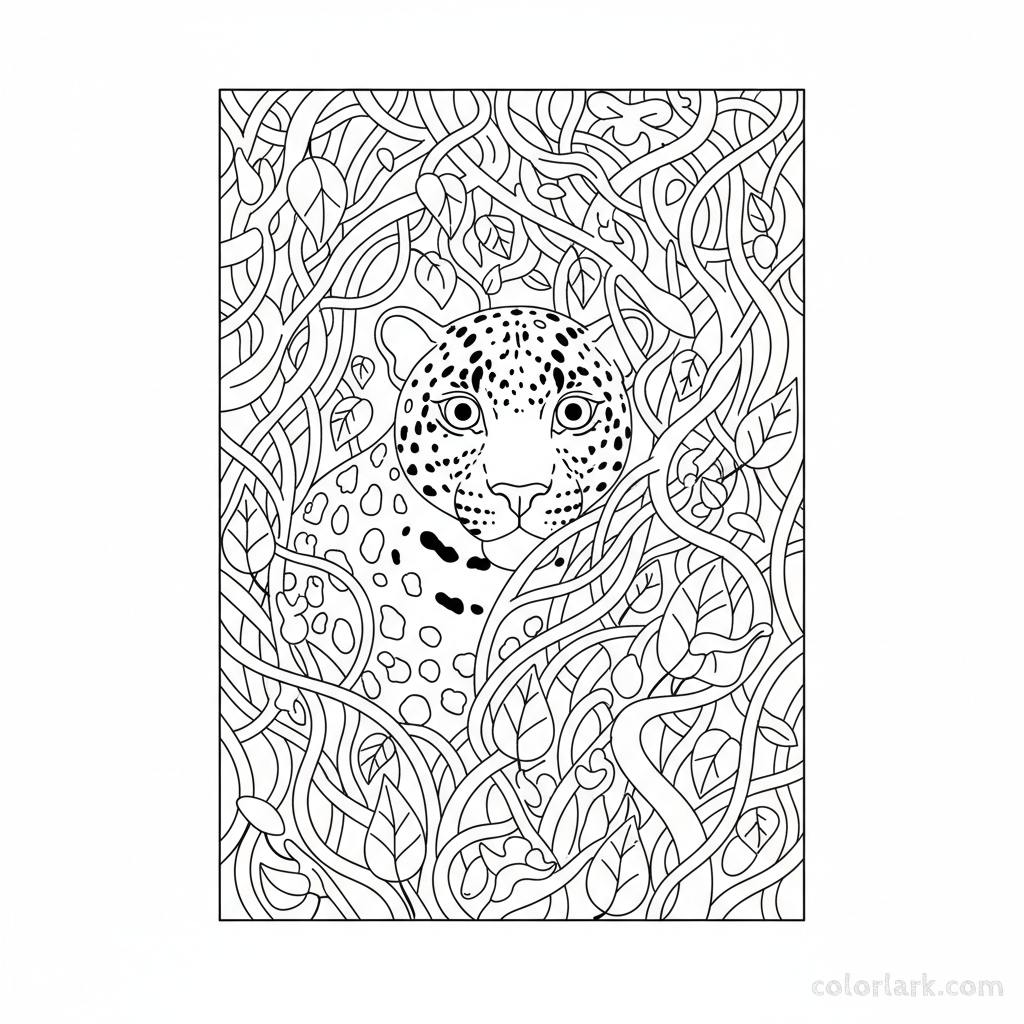 Indian leopard hiding in vines coloring page