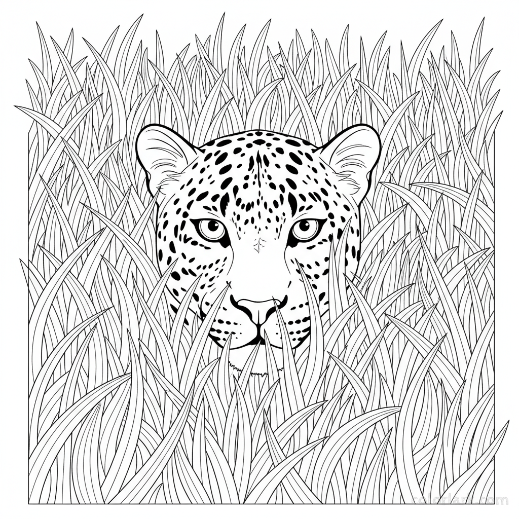 Stealthy Indian leopard hiding in tall grass coloring page