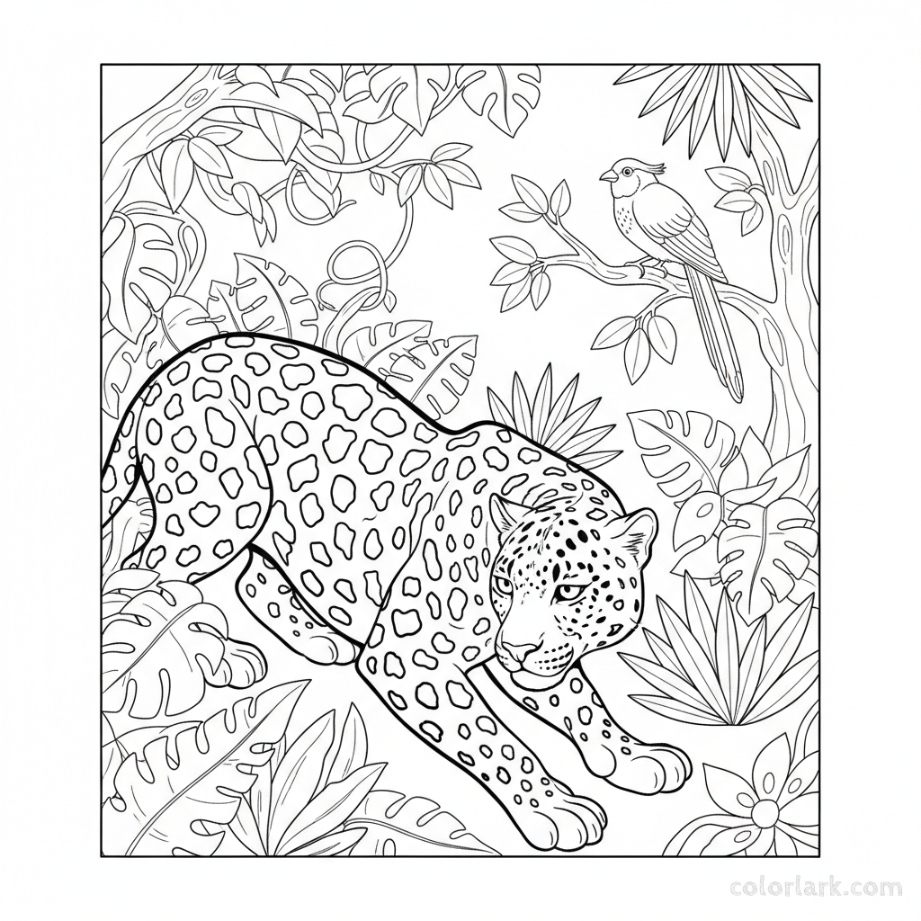 Indian leopard stalking a bird coloring page from a distance