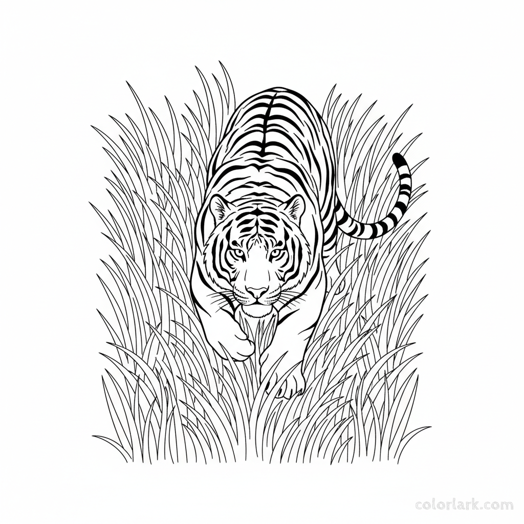 Free printable Indian tiger coloring page, stalking through tall grass.