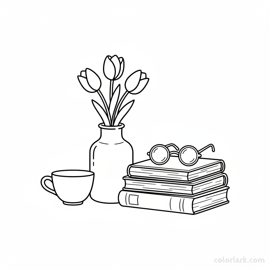 Line art illustration of a still life with a tulip bouquet and old books