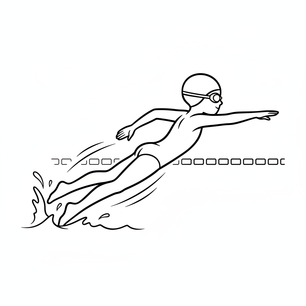 Black and white line art of a streamlined child doing freestyle kicks in a pool, wearing a swim cap and goggles.