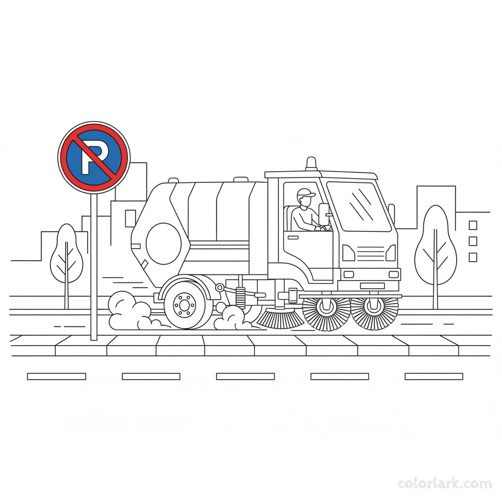 Coloring page of a street sweeper near an Indian No Parking sign.