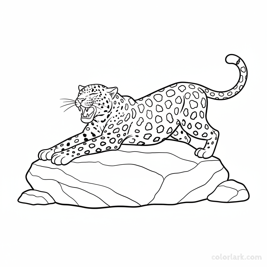 Detailed Indian Leopard stretching after nap on warm rock coloring page