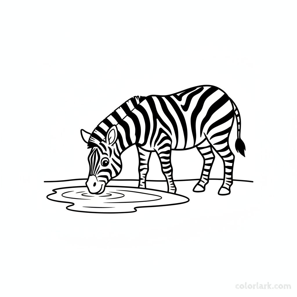 Black and white line art of a striped zebra drinking water, with simple bold outlines, easy for toddlers to color.