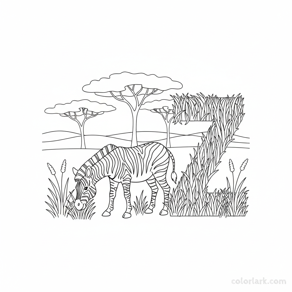 Black and white line art of a striped zebra grazing near the letter Z.