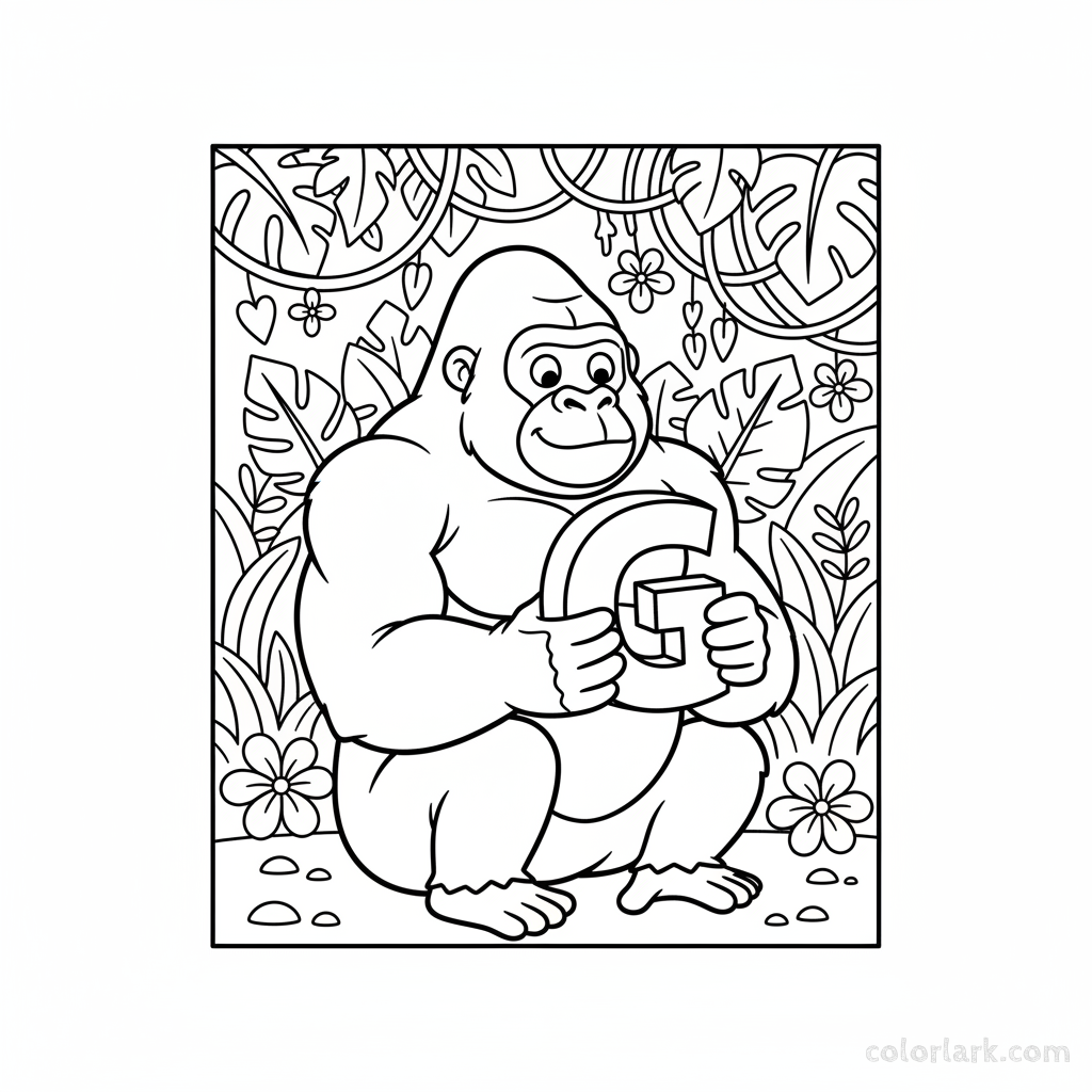 Black and white line art of a strong gorilla holding the letter G.