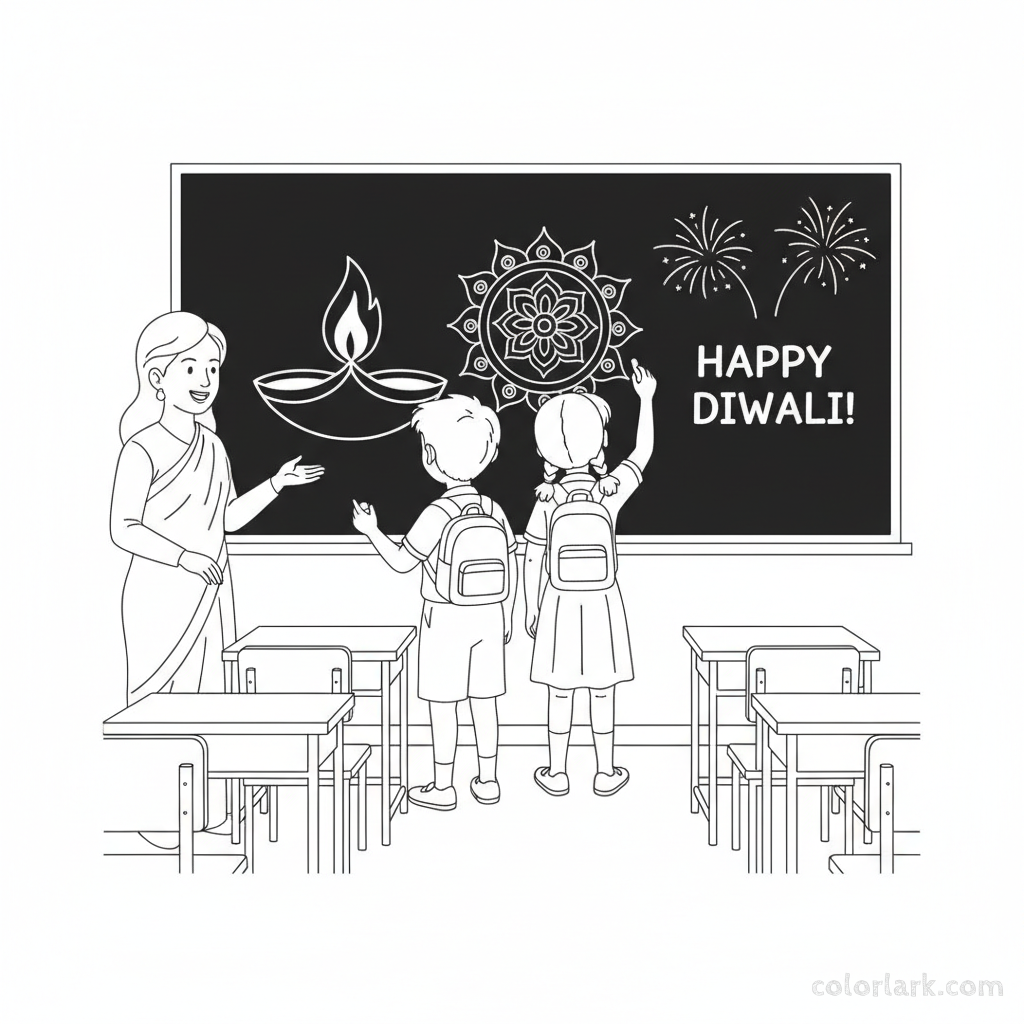 Students drawing Diwali-themed pictures like diyas and rangoli on a classroom blackboard with chalk, line art