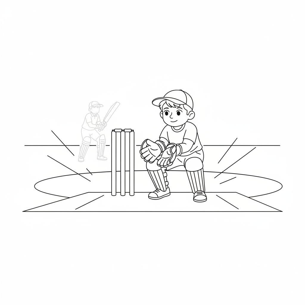 Line art coloring page featuring an Indian boy wicketkeeper crouched behind cricket stumps.