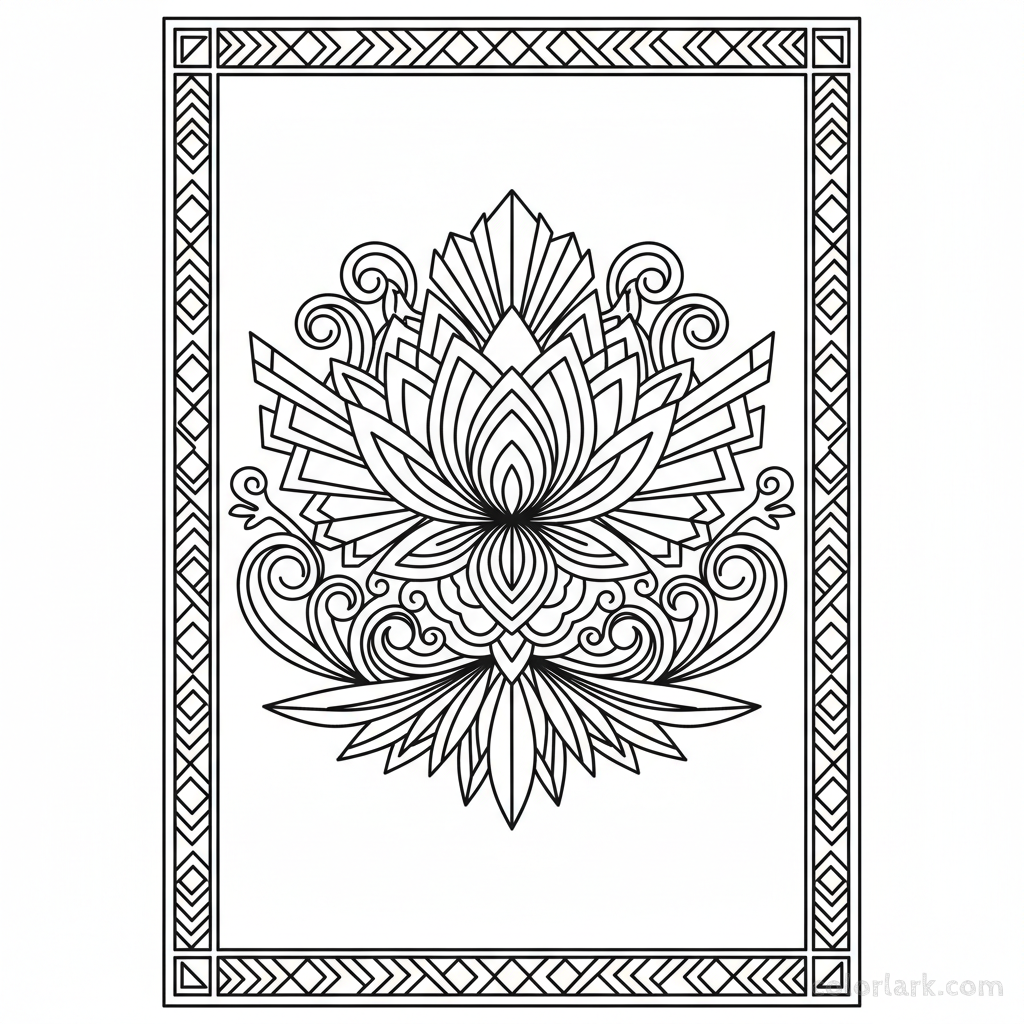 Black and white line art of a stylized Art Deco lotus flower design.