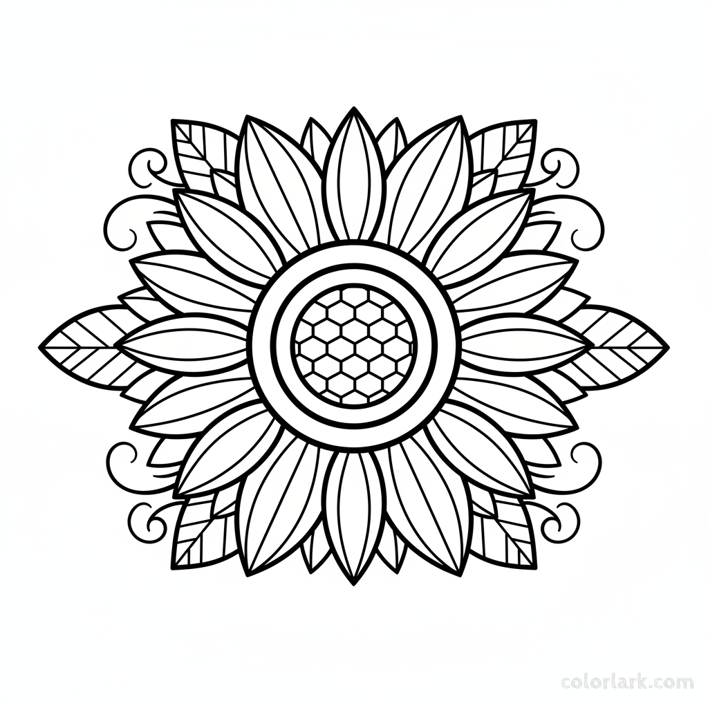 Black and white Art Deco style geometric sunflower design with bold lines