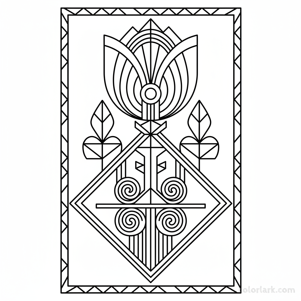 Line art illustration of a stylized Art Deco tulip design with geometric lines
