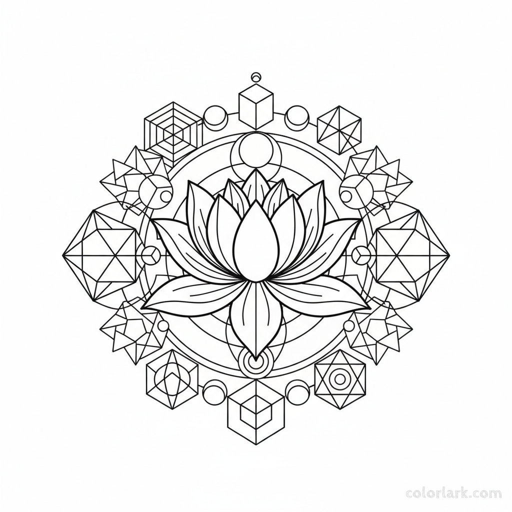 Black and white line art of stylized lotus petals intersecting geometric forms.
