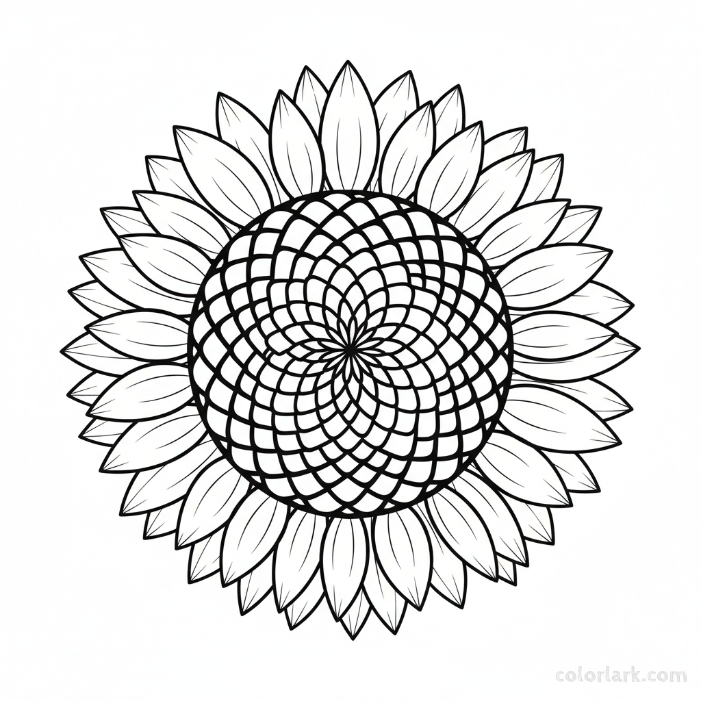 Black and white line art, close-up of a stylized sunflower head showing seed patterns