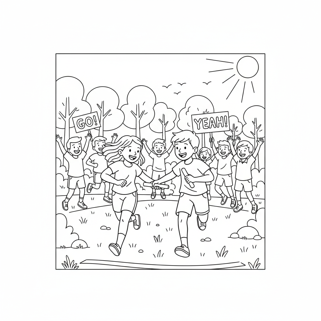 Line art of campers in a relay race, sprinting to the finish line with cheering campers