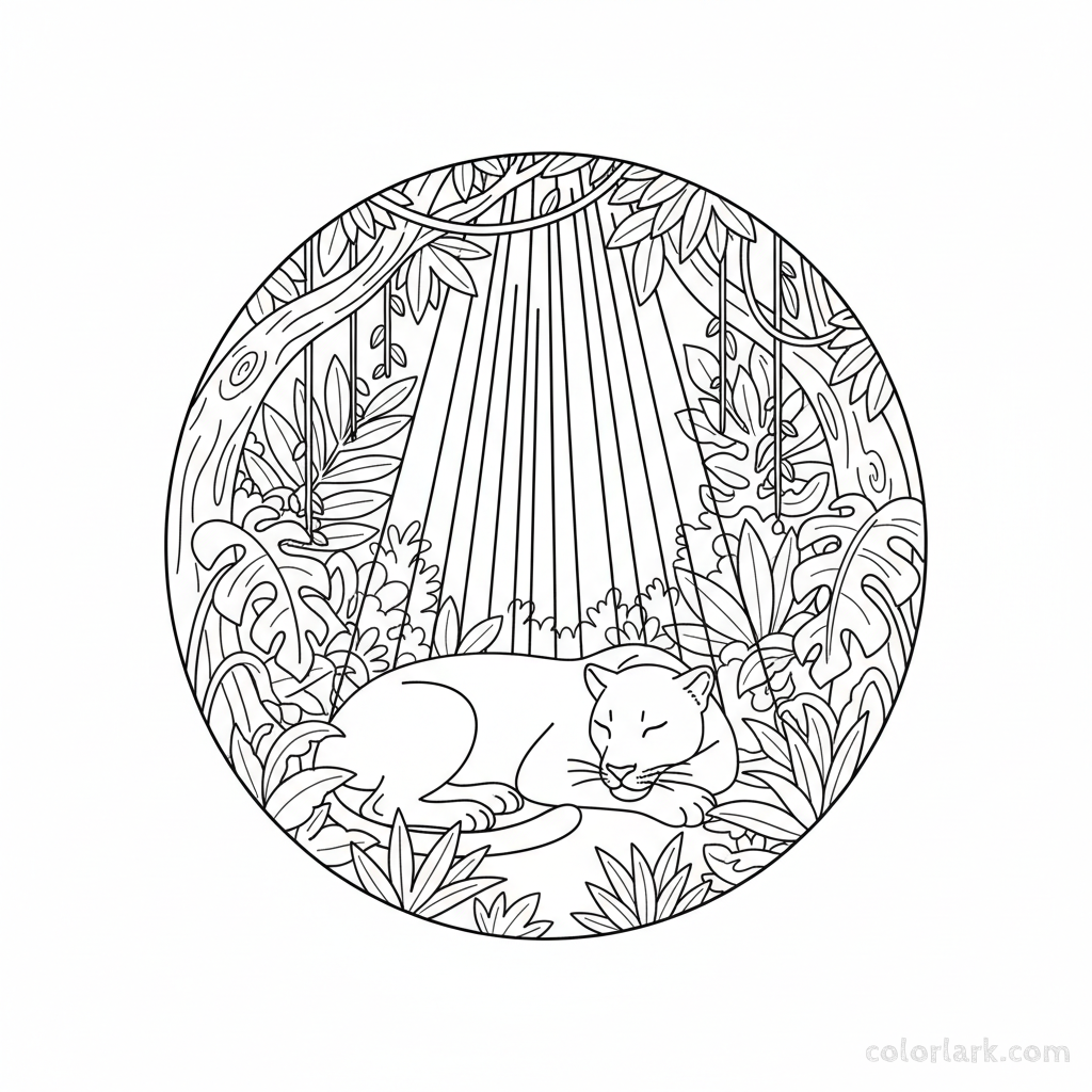 Indian leopard resting in jungle clearing, bathed in sunbeam coloring page.