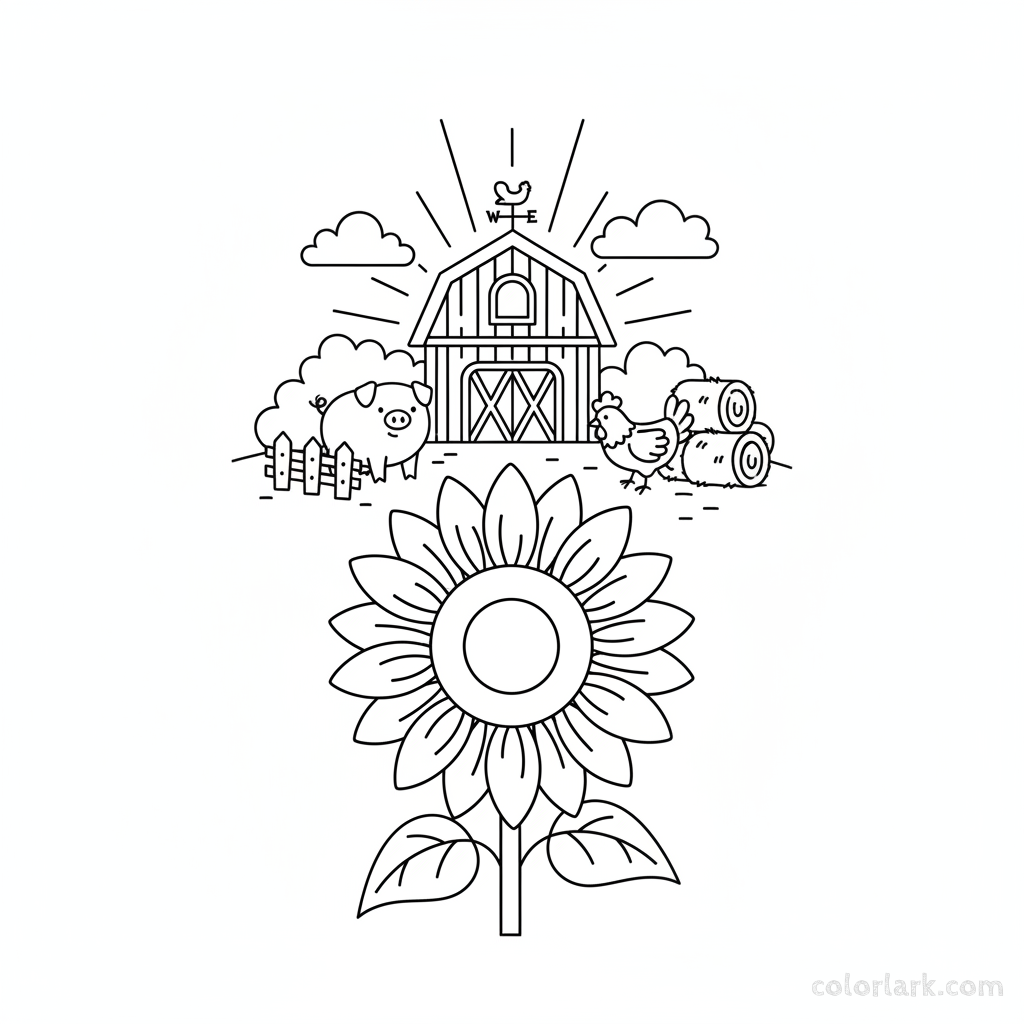 Black and white line art of a sunflower in a farm scene with barnyard animals