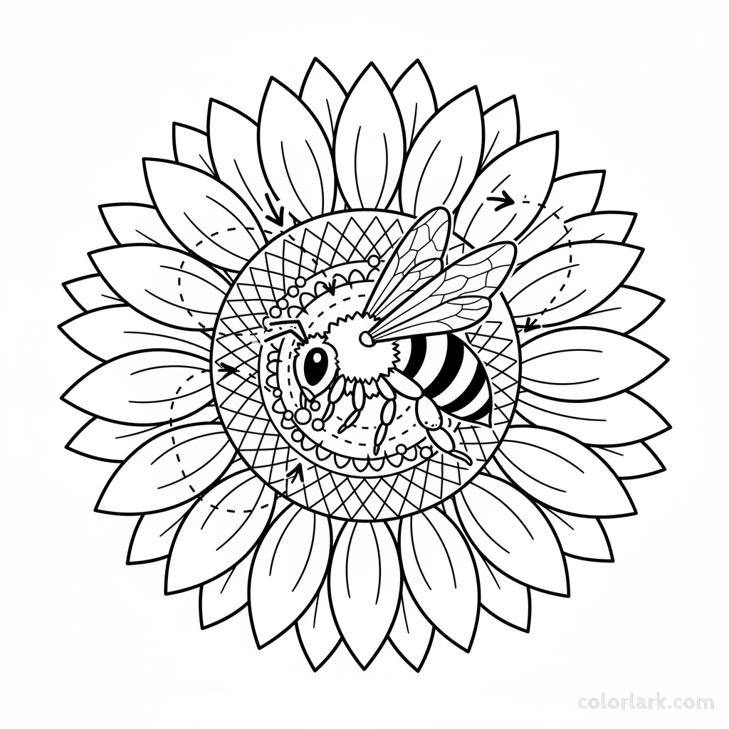Black and white line art illustrating a bee pollinating a sunflower, with educational elements