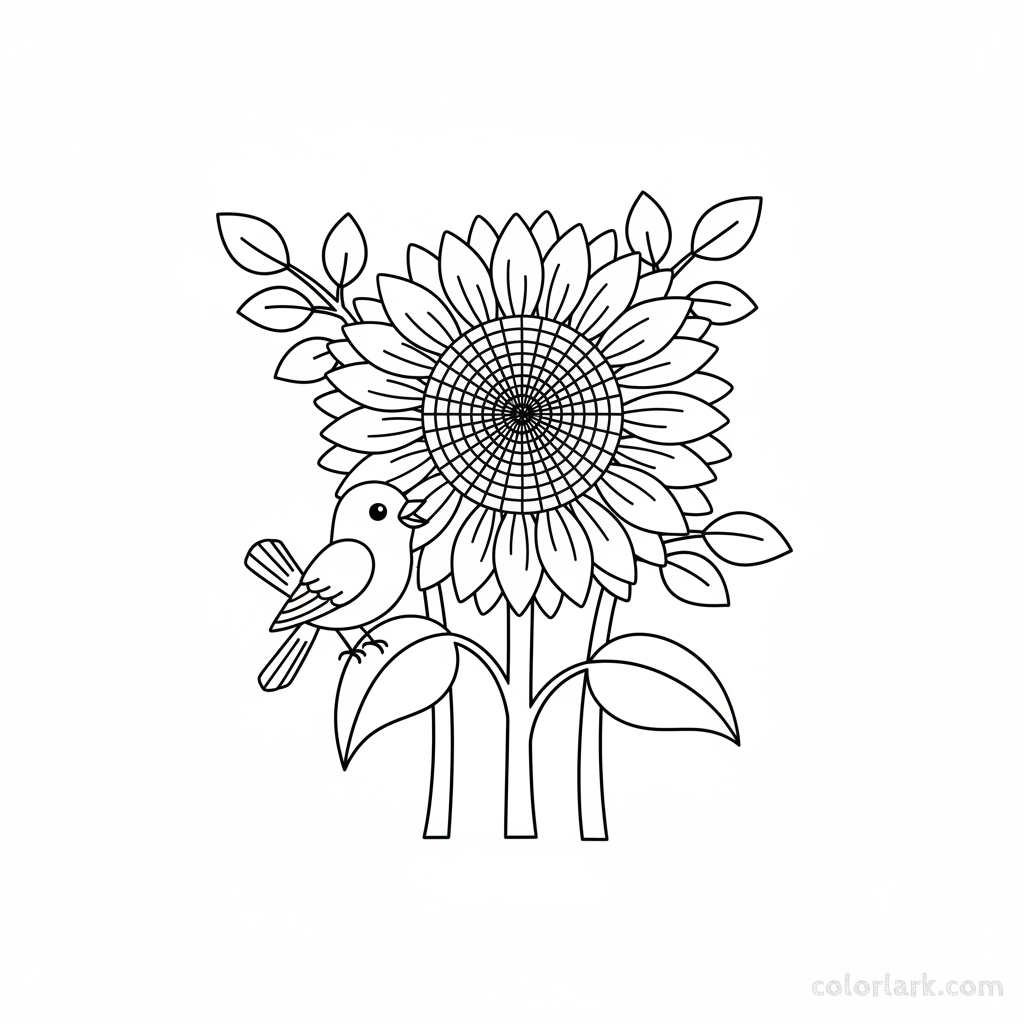 Black and white line art of a sunflower with a bluebird perched on a branch