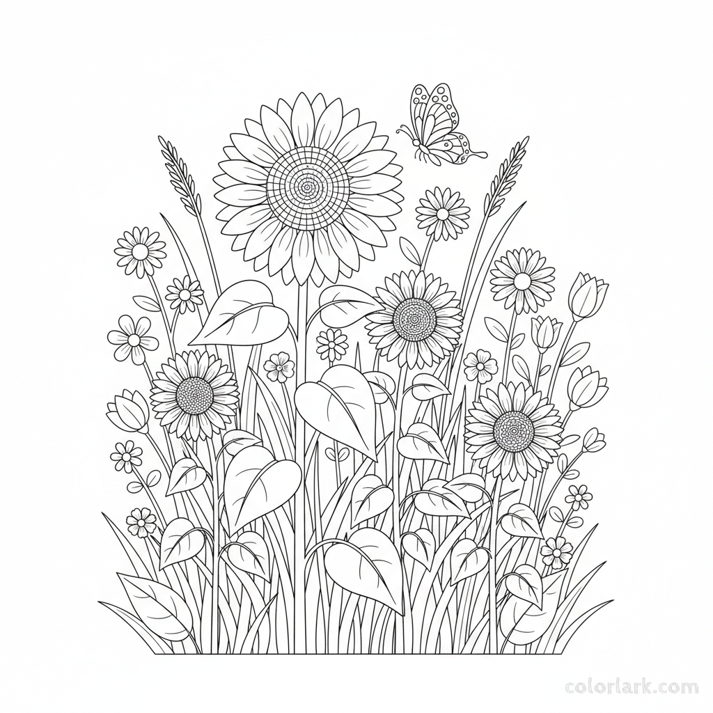 Black and white line art of a garden scene with sunflowers and a butterfly