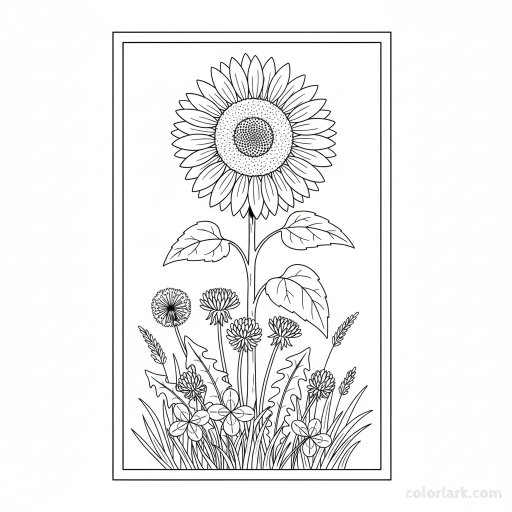 Black and white line art of a sunflower growing with dandelions and other wild plants