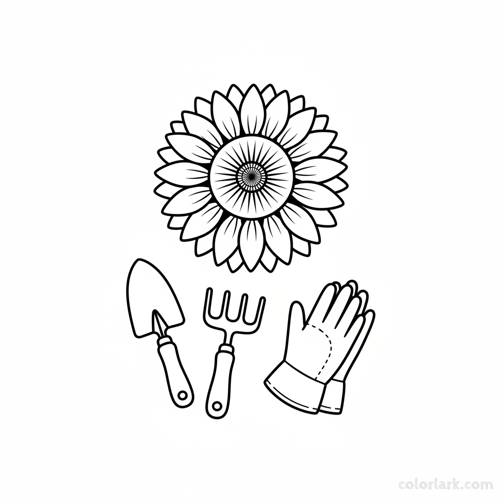 Black and white line art still life of a sunflower with garden tools