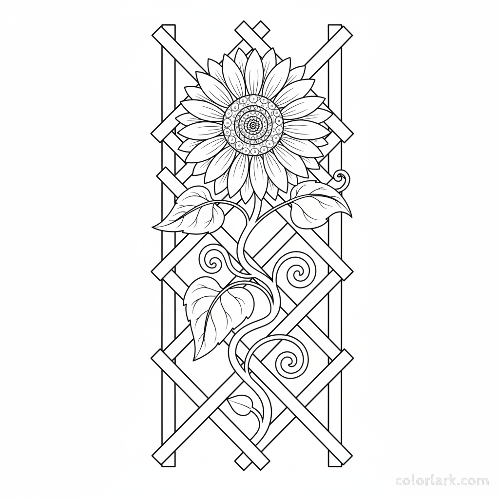 Black and white line art of a sunflower growing on an elegant garden lattice trellis