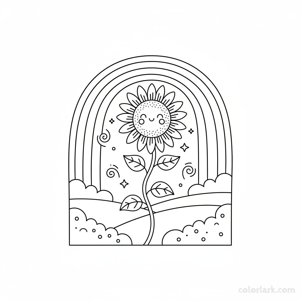 Black and white line art of a sunflower with a rainbow arching over it