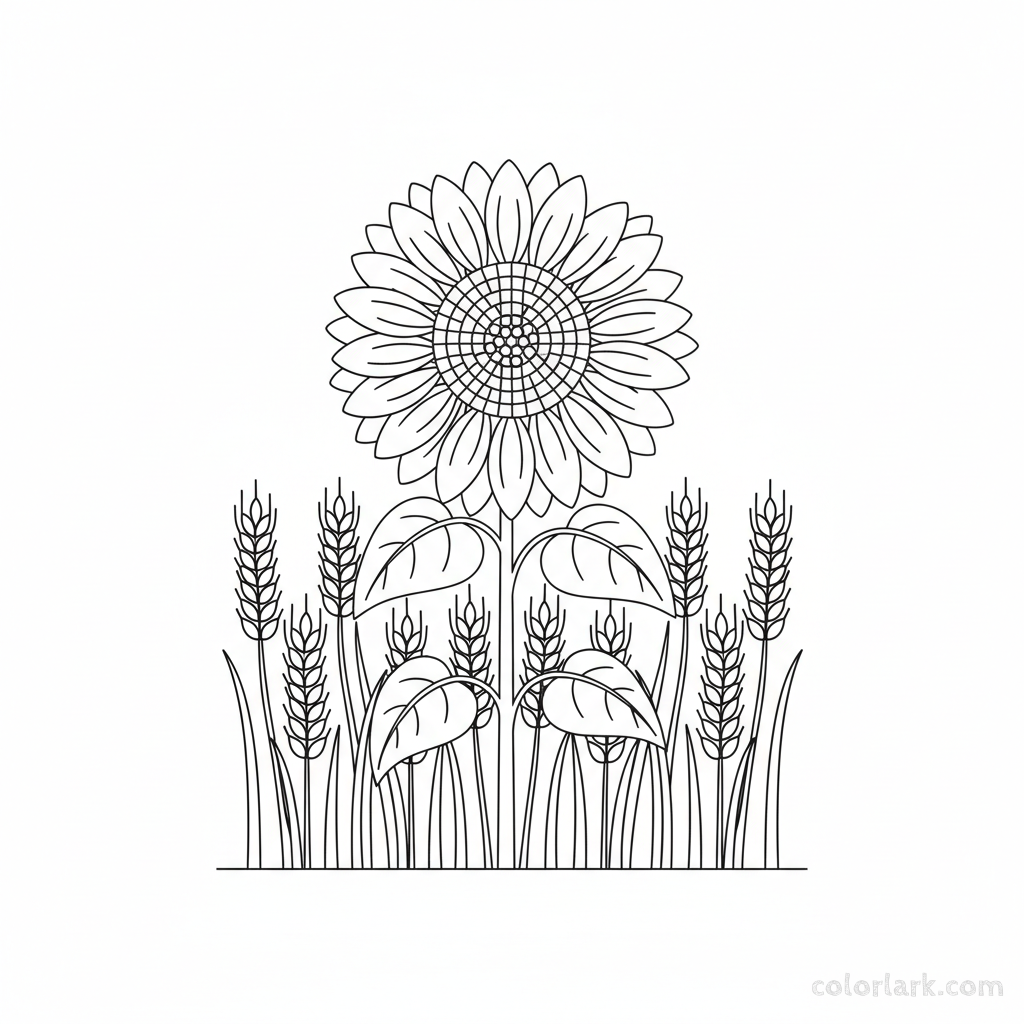 Black and white line art of a sunflower standing in a wheat field