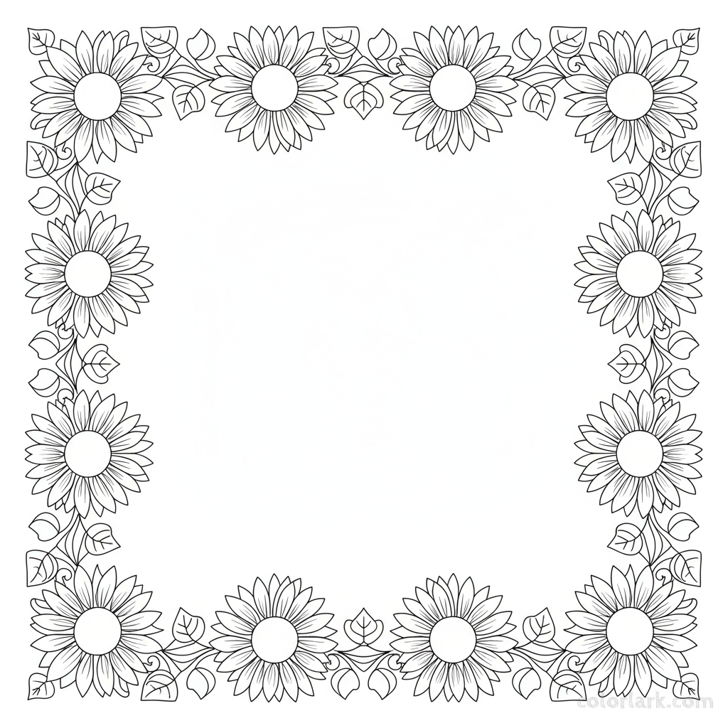 Black and white line art of a repeating sunflower border pattern for crafts