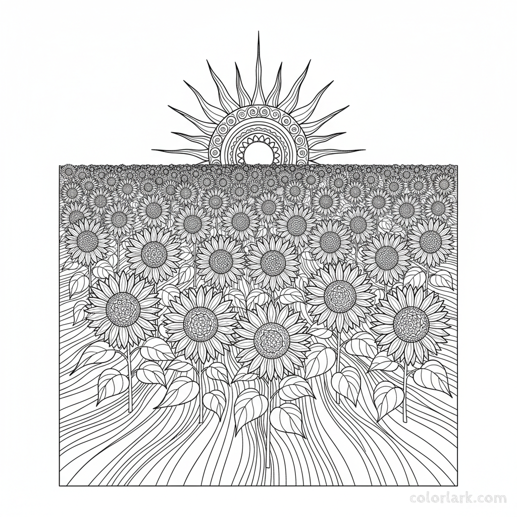 Detailed black and white line art of a sunflower field at sunset, for adult coloring