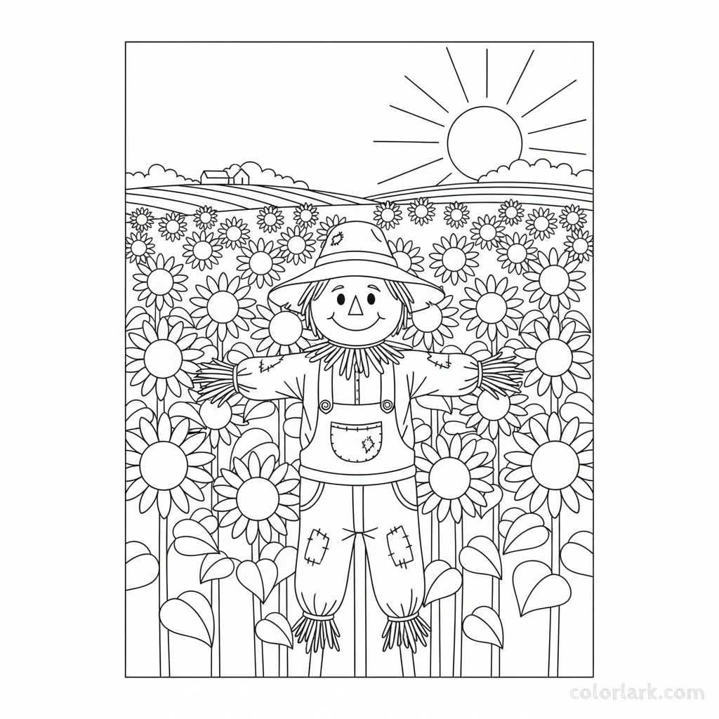 Black and white line art of a sunflower field with a scarecrow standing in it