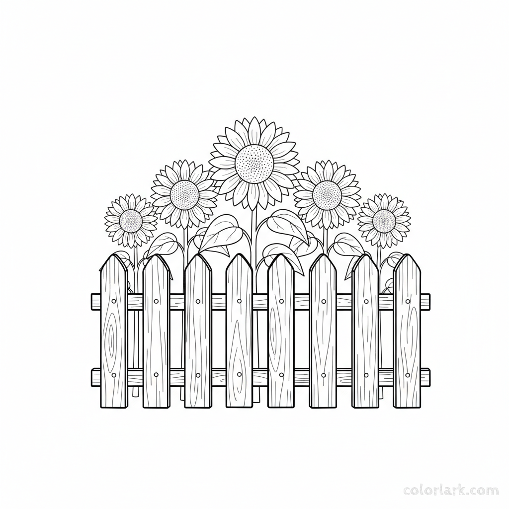 Black and white line art of sunflowers growing behind a wooden picket fence