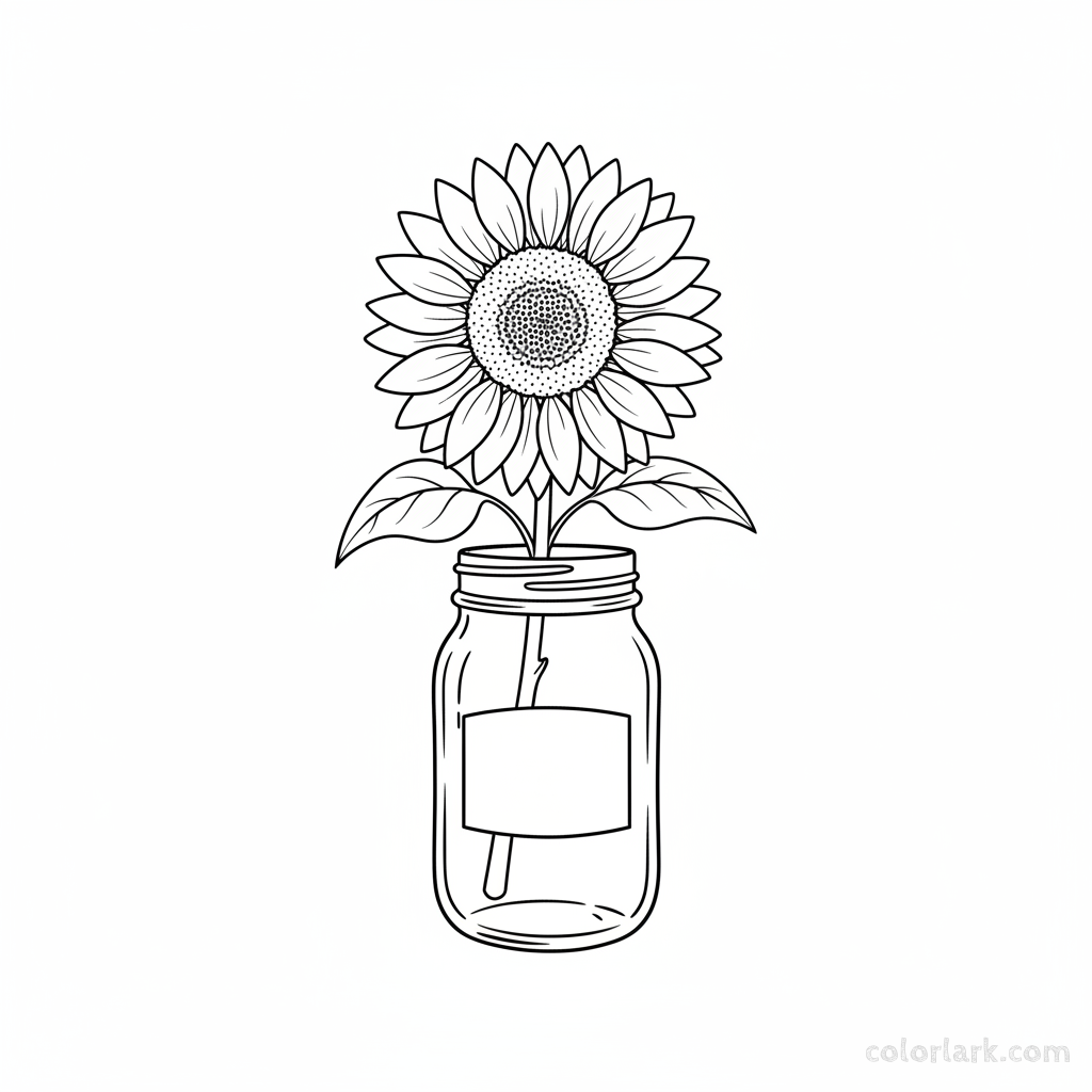 Black and white line art of a single sunflower in a rustic mason jar