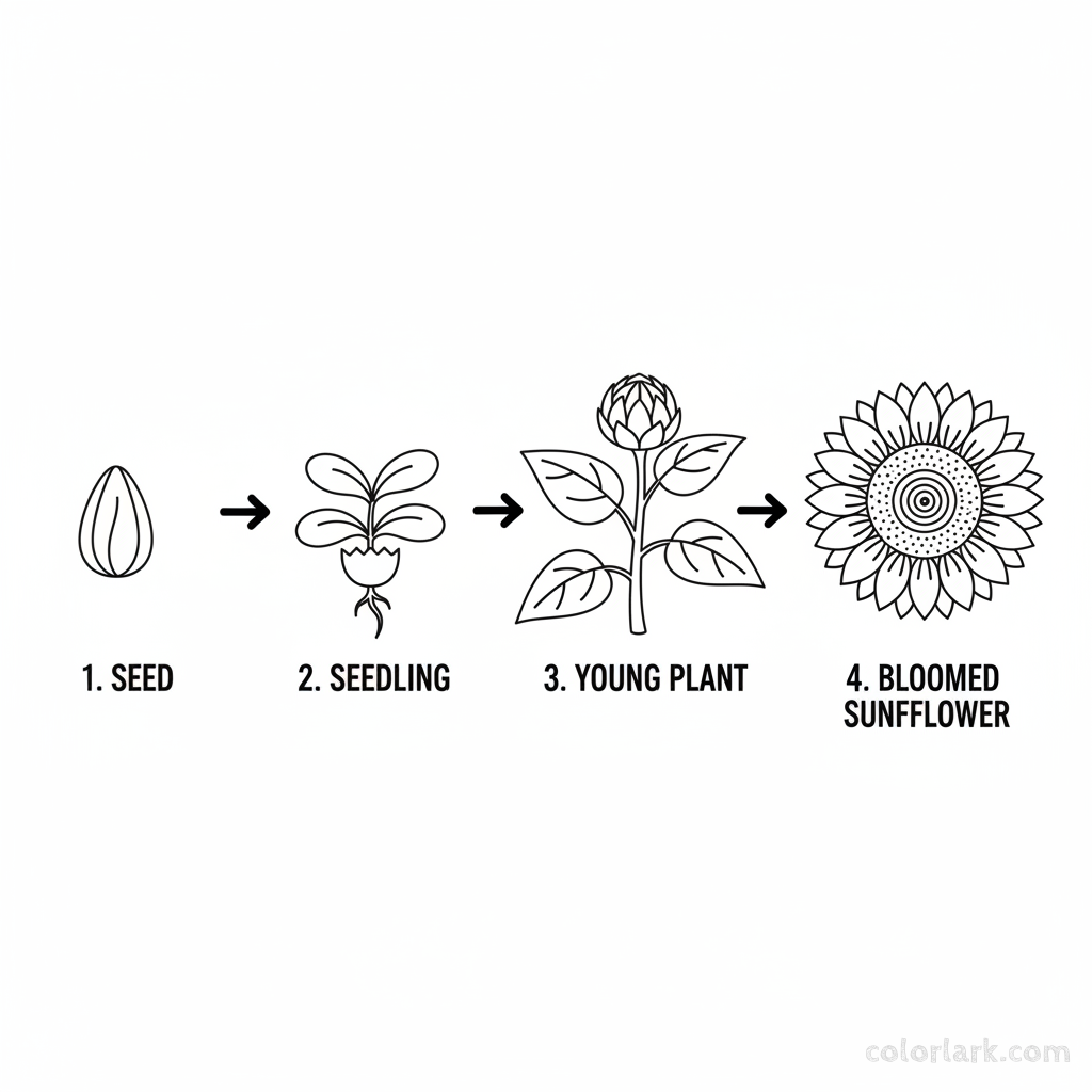 Black and white line art illustrating the four stages of a sunflower's life cycle